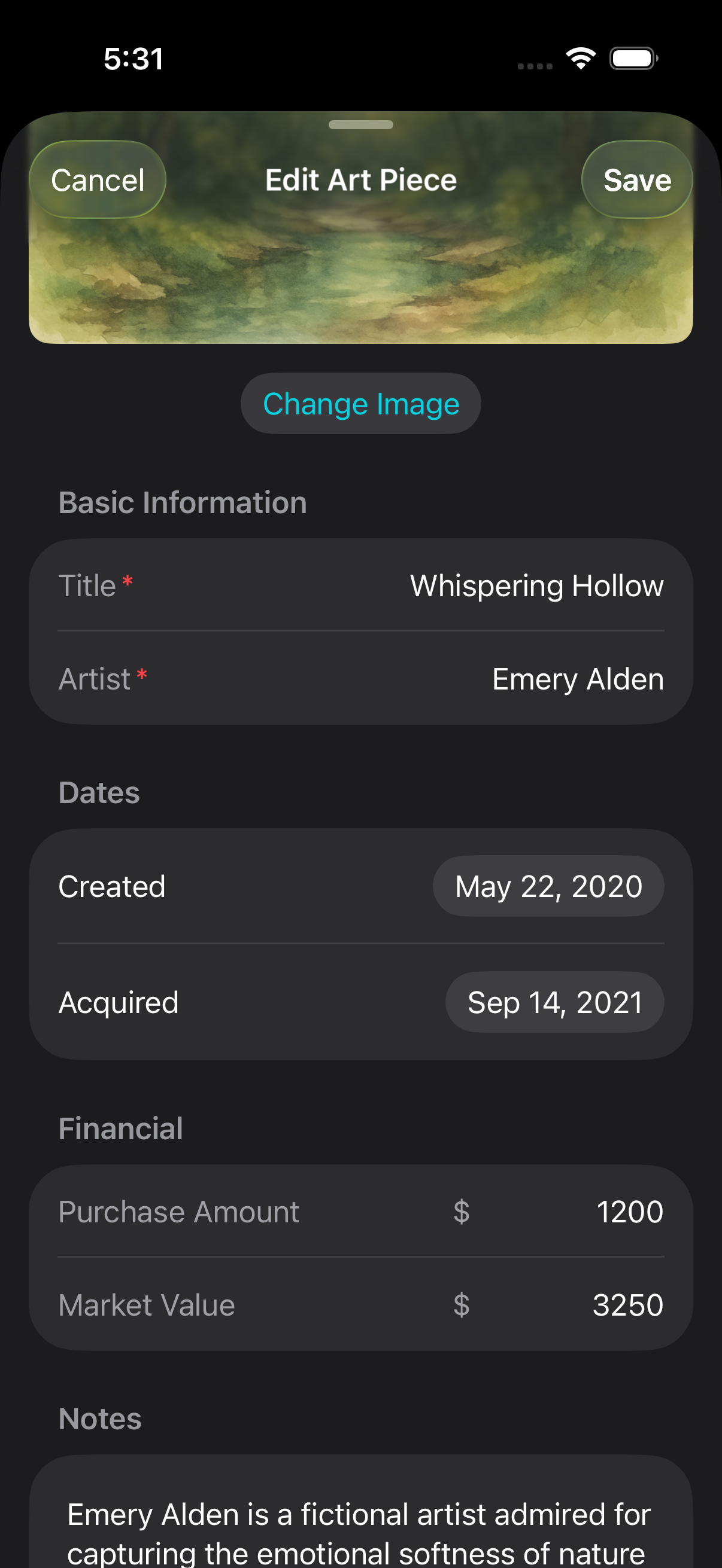 Edit Art Piece screen showing artwork entry form with photo, metadata fields, dates, and financial information