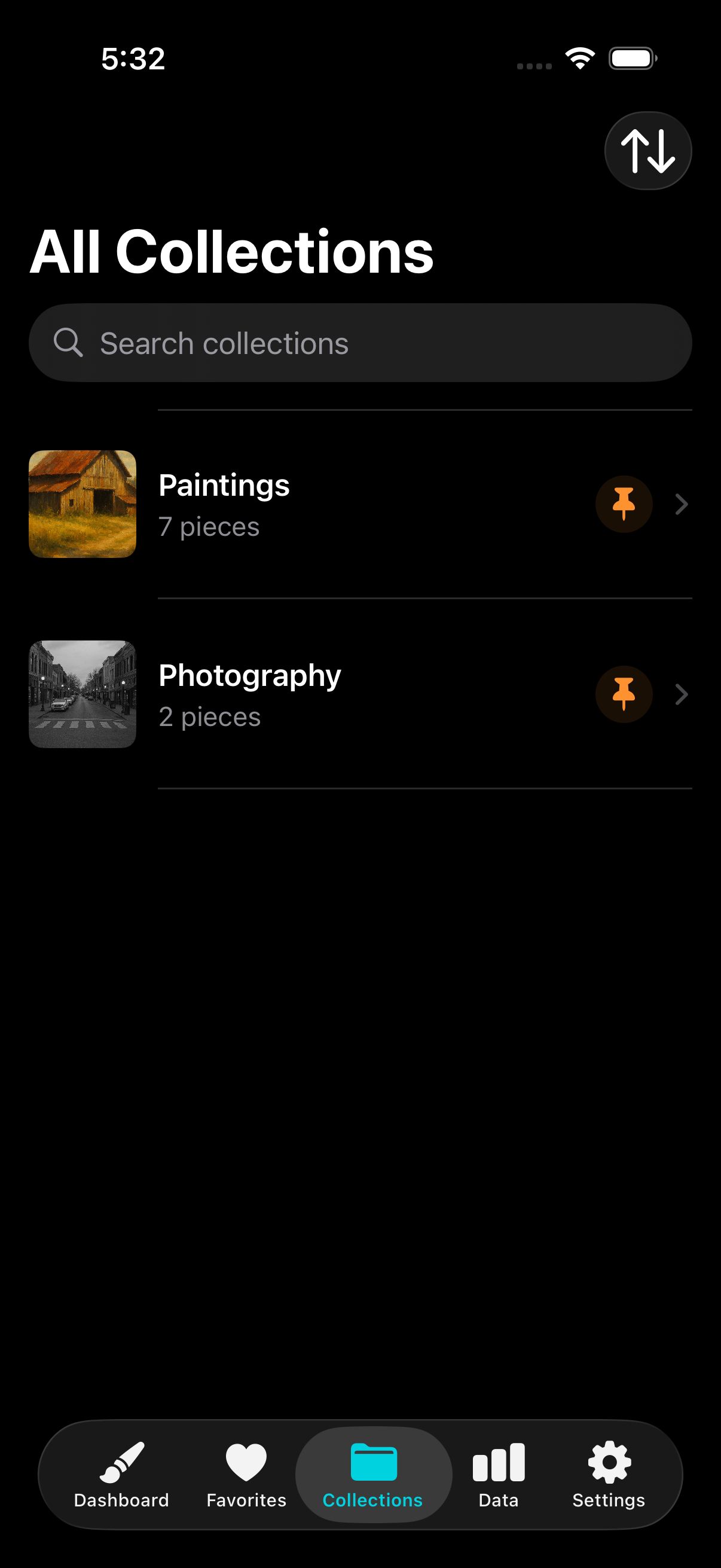 All Collections screen showing custom collections list with thumbnails, piece counts, and search functionality
