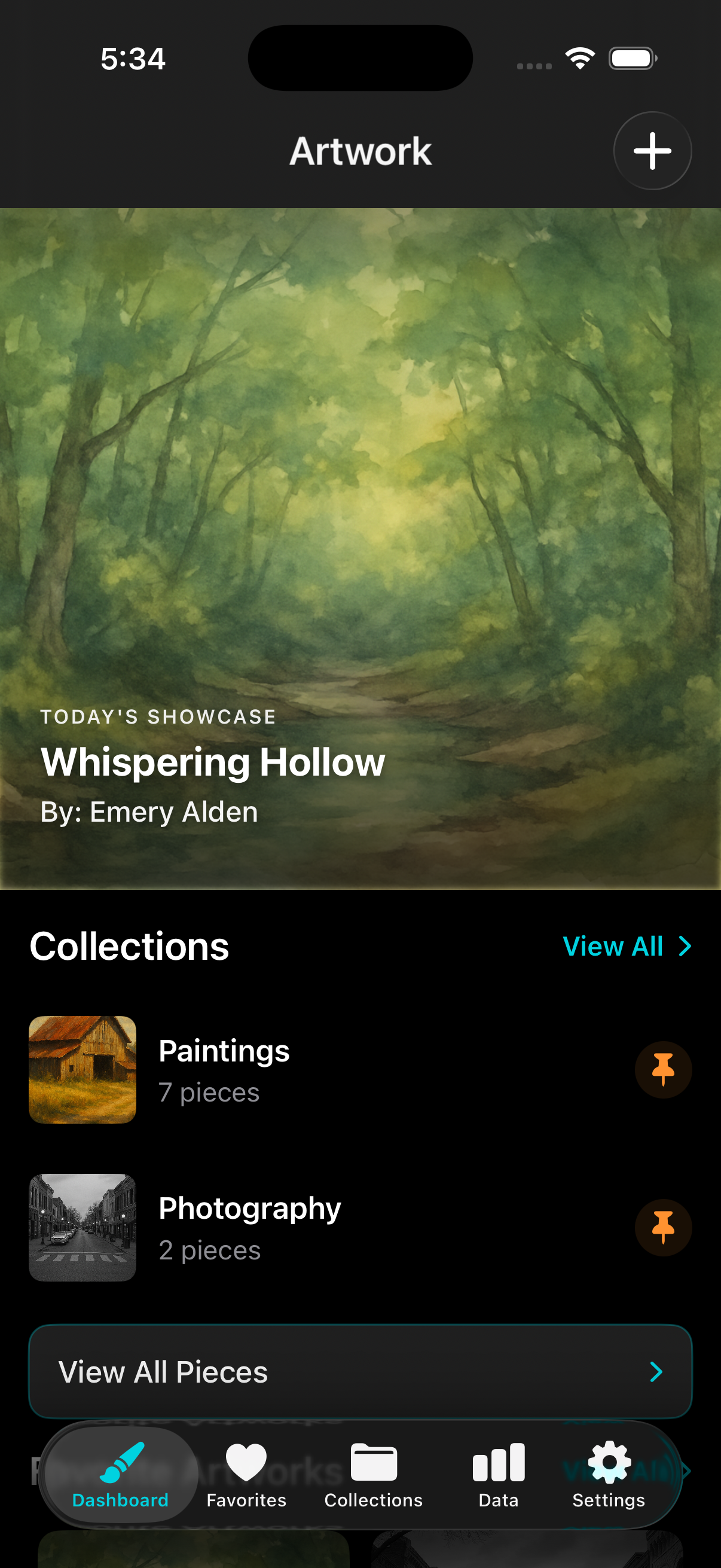 Dashboard homepage showing today's featured artwork showcase and collections overview
