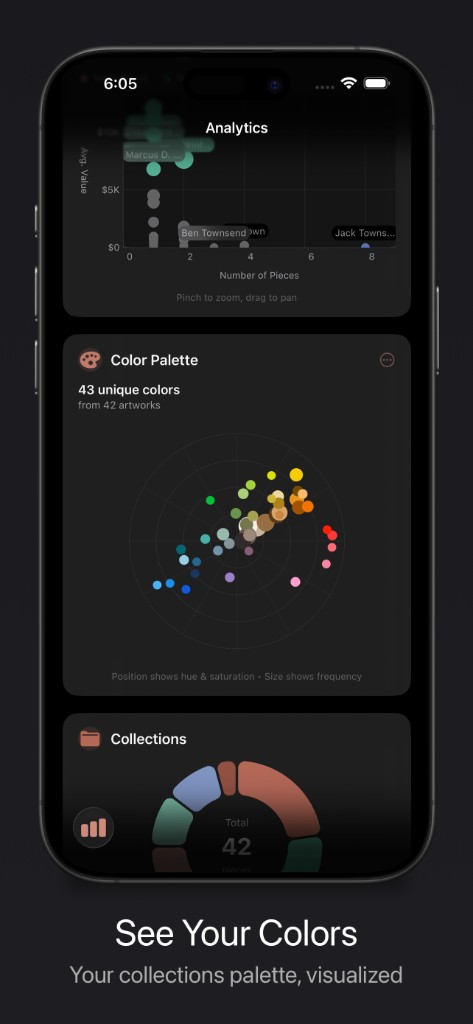Analytics screen showing color palette visualization and collection breakdown