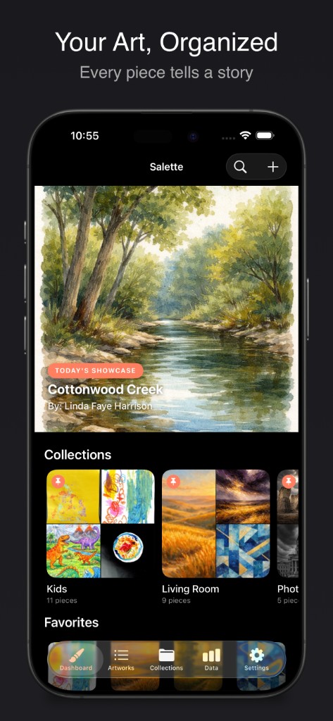 Salette dashboard showing today's featured artwork, collections, and favorites