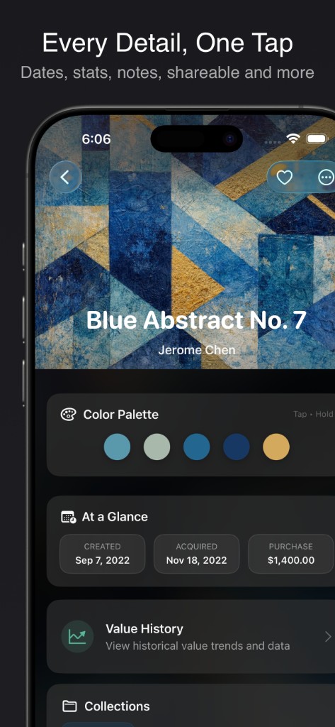 Artwork detail view showing color palette, dates, price, and value history