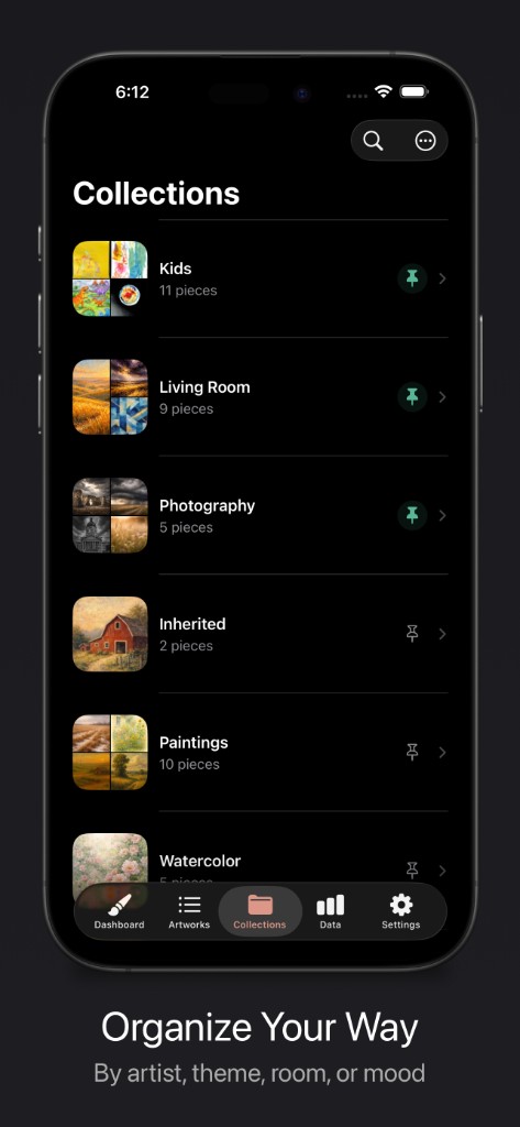 Collections view showing custom collections with piece counts and pin indicators