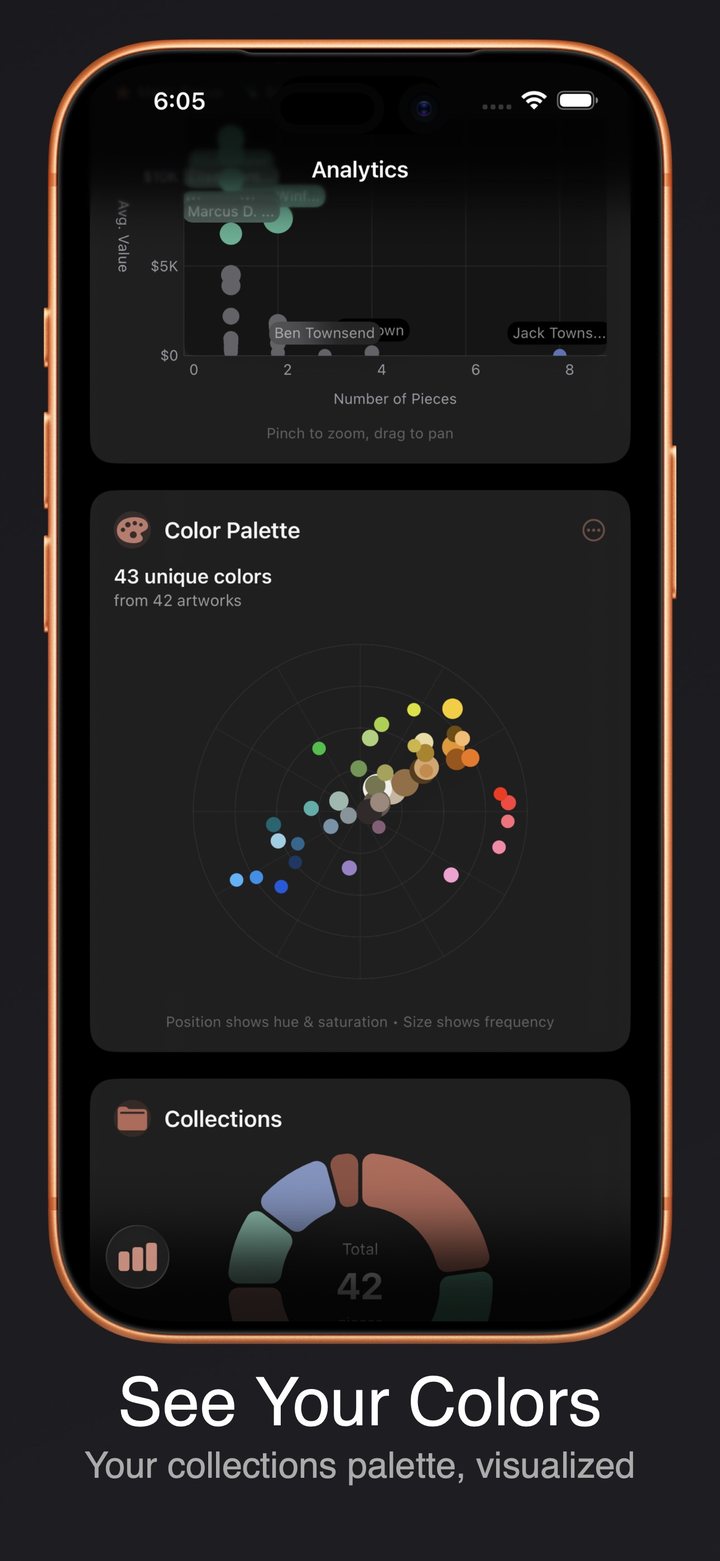 Analytics screen showing color palette visualization and collection breakdown