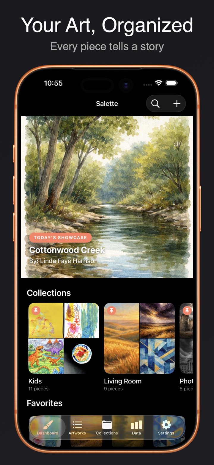 Salette dashboard showing featured artwork, collections, and favorites