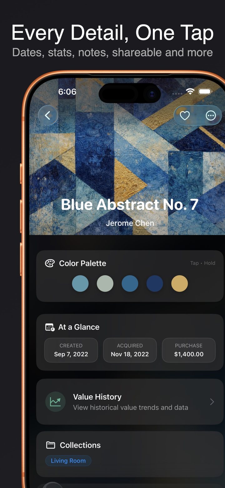 Artwork detail view showing color palette, acquisition dates, purchase price, and value history