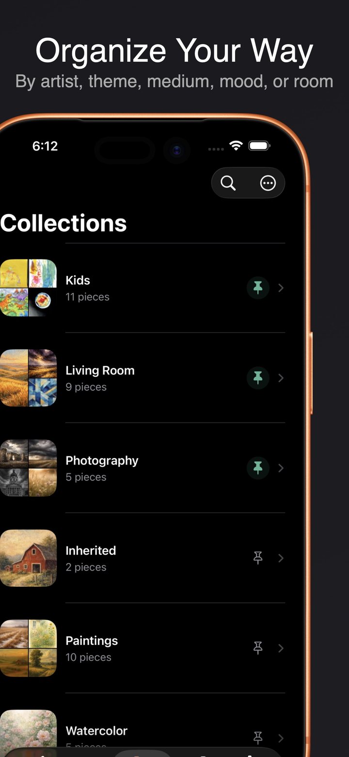 Collections view showing custom collections with piece counts and pin indicators